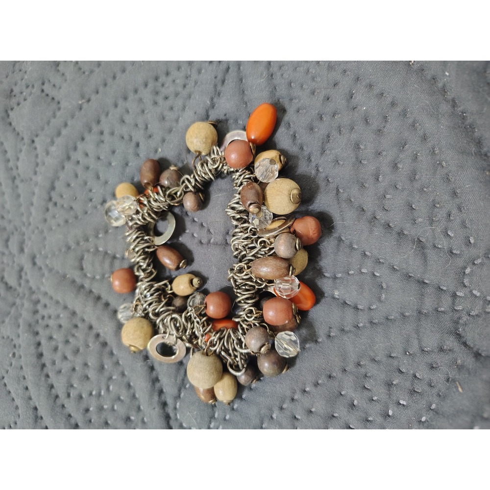 Boho Multi Strand Stretch Charm‎ Bracelet Brown Wood Beads Silver Tone Chunky